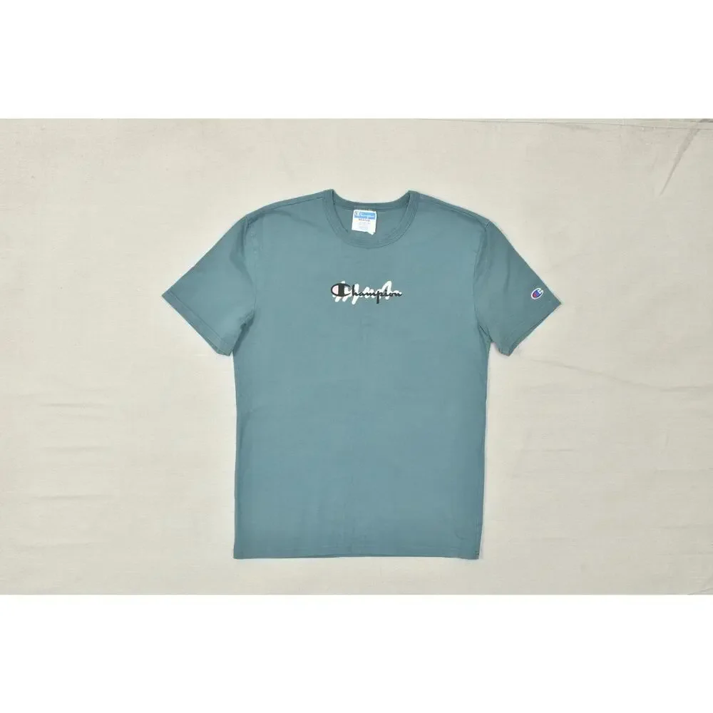 Champion Men's Medium Teal Blue Graphic Script Short Sleeve T-Shirt 100% Cotton - Picture 2 of 8